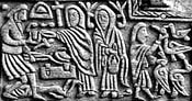 hamstrung Weland at his Forge working on skull, Beadohild, Nithhud, Alwit(?) and as swan-maiden(?) [Franks Casket front (detail)]